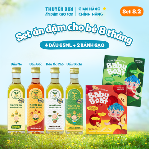 [SET ĂN DẶM 8M+] 4 Dầu: Mè - Gấc - Óc Chó - Sachi+ 2 Bánh Gạo: Táo, Rau Bina