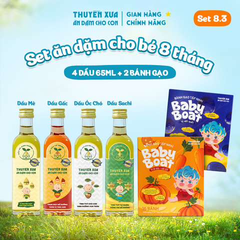 [SET ĂN DẶM 8M+] 4 Dầu: Mè - Gấc - Óc Chó - Sachi + 2 Bánh Gạo: Bí Đỏ - Cà Rốt, Việt Quất