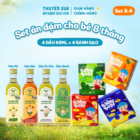 [SET ĂN DẶM 8M+] 4 Dầu: Mè - Gấc - Óc Chó - Sachi + 4 Bánh Gạo: Táo, Rau Bina, Bí Đỏ- Cà Rốt, Việt Quất