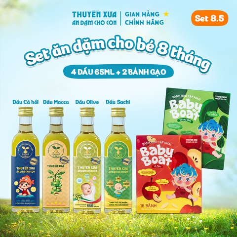 [SET ĂN DẶM 8M+] 4 Dầu: Cá Hồi - Macca - Olive - Sachi + 2 Bánh Gạo: Táo, Rau Bina