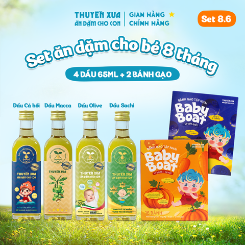 [SET ĂN DẶM 8M+] 4 Dầu: Cá Hồi - Macca - Olive - Sachi + 2 Bánh Gạo: Bí Đỏ - Cà Rốt, Việt Quất