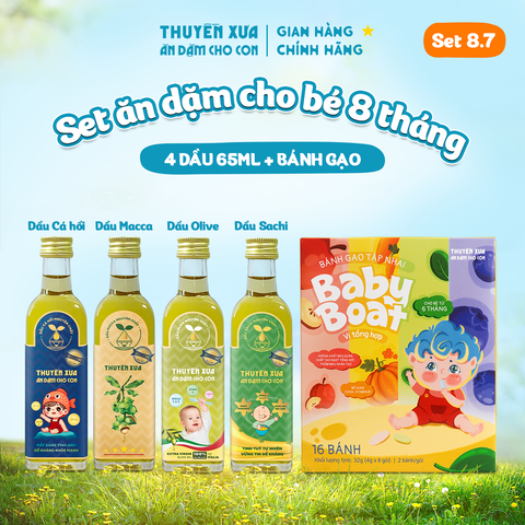 [SET ĂN DẶM 8M+] 4 Dầu: Cá Hồi - Macca - Olive - Sachi + 1 Bánh gạo vị Tổng Hợp