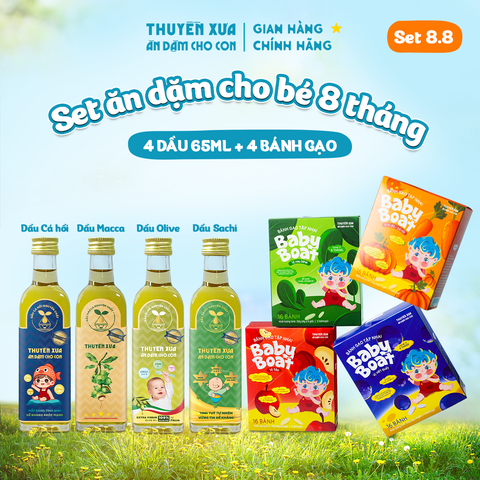 [SET ĂN DẶM 8M+] 4 Dầu: Cá Hồi - Macca - Olive - Sachi + 4 Bánh Gạo: Táo, Rau Bina, Bí Đỏ- Cà Rốt, Việt Quất