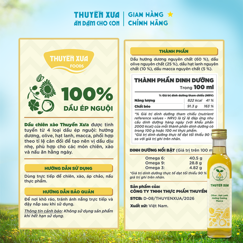 Dầu Chiên Xào Cho Bé Ăn Dặm Thuyền Xưa 250ml Kết Hợp Dầu Olive, Hướng Dương, Hạt Lanh, Macca Ngon Cho Bé - Tiện Cho Mẹ