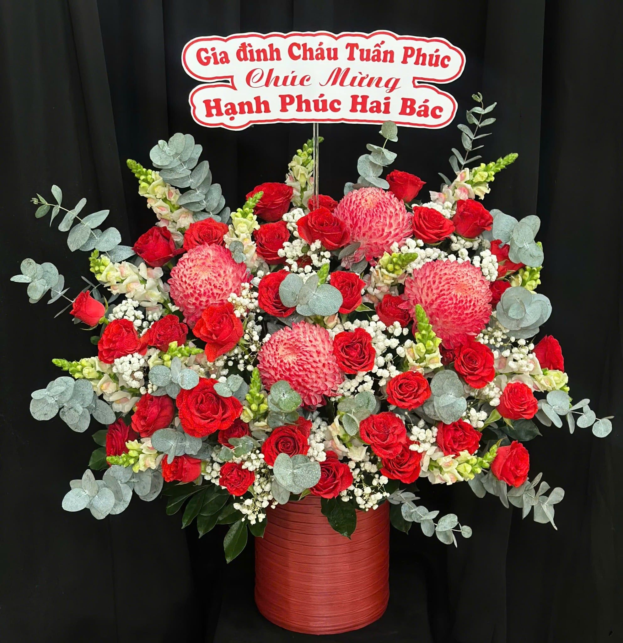  Hoa Cắm Hộp Đỏ Hồng Phồn Hoa - HCH130 
