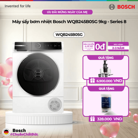 Máy sấy bơm nhiệt Bosch WQB245B0SG 9kg - Series 8