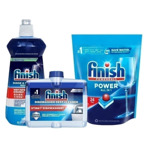 Combo Tiêu Chuẩn: 3xTúi 24 Viên Rửa Bát All In One + Nước Làm Bóng FInish 500ml + Dung Dịch Tẩy Rửa Máy Rửa Chén 250ml