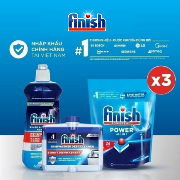 Combo Tiêu Chuẩn: 3xTúi 24 Viên Rửa Bát All In One + Nước Làm Bóng FInish 500ml + Dung Dịch Tẩy Rửa Máy Rửa Chén 250ml