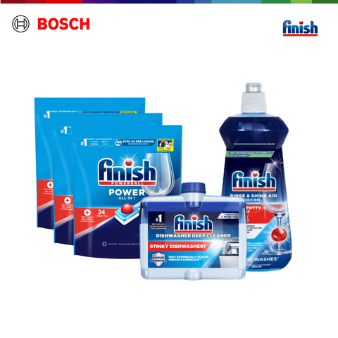 Combo Tiêu Chuẩn: 3xTúi 24 Viên Rửa Bát All In One + Nước Làm Bóng FInish 500ml + Dung Dịch Tẩy Rửa Máy Rửa Chén 250ml