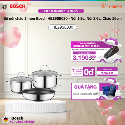 Bộ nồi chảo 3 món Bosch HEZ9SE030 - Nồi 1.9L, Nồi 3.6L, Chảo 26cm