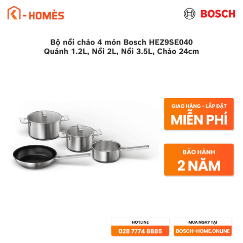 Bộ nồi chảo 4 món Bosch HEZ9SE040 - Quánh 1.2L, Nồi 2L, Nồi 3.5L, Chảo 24cm