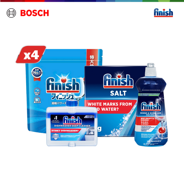 Combo 1 Năm Vận Hành Máy Rửa Chén: 400 Viên Rửa Chén Bát Finish + Nước làm bóng 500ml + Dung dịch vệ sinh máy + Muối rửa chén 2kg