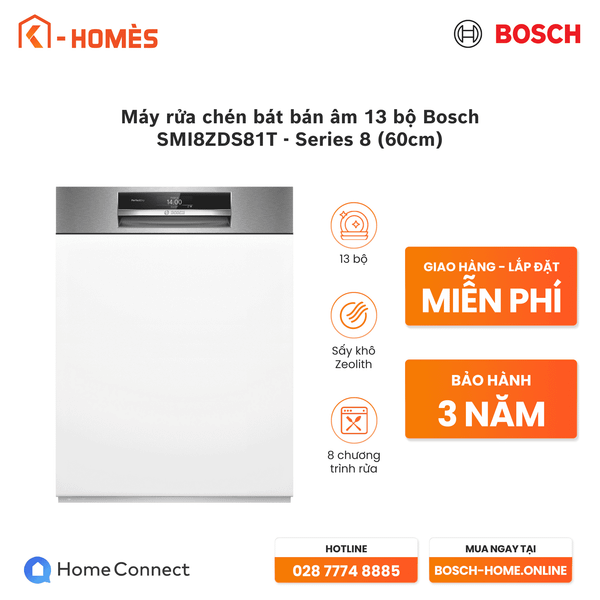Máy rửa chén bát bán âm 13 bộ Bosch SMI8ZDS81T - Series 8 (60cm)