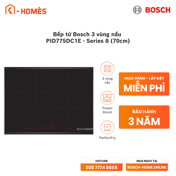 Bếp từ Bosch 3 vùng nấu PID775DC1E - Series 8 (70cm)