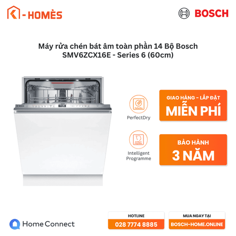 Máy rửa chén bát âm toàn phần 14 Bộ Bosch SMV6ZCX16E - Series 6 (60cm)