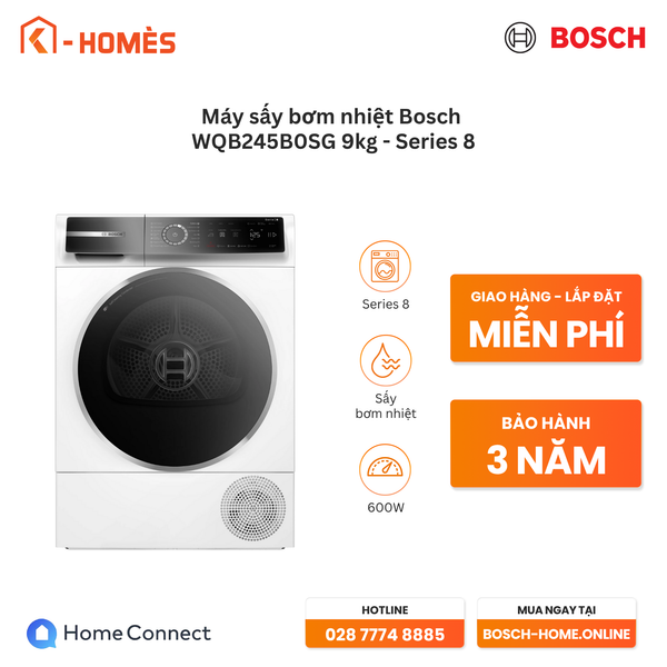 Máy sấy bơm nhiệt Bosch WQB245B0SG 9kg - Series 8