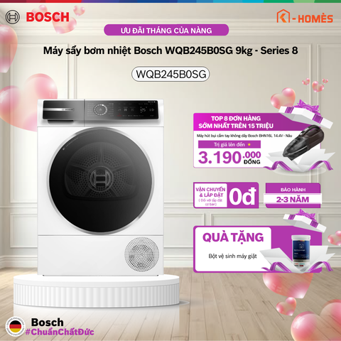 Máy sấy bơm nhiệt Bosch WQB245B0SG 9kg - Series 8