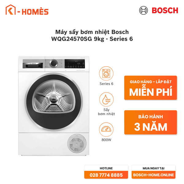 Máy sấy bơm nhiệt Bosch WQG24570SG 9kg - Series 6