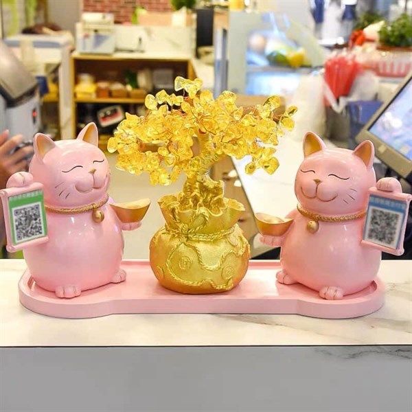  Mèo Thần Tài Chậu Vàng Hồng 