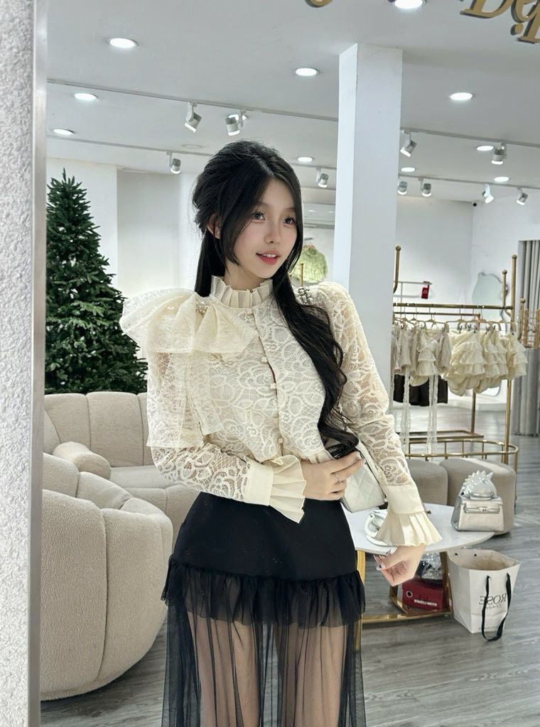 Set áo ren dài tay cổ bèo phối cv lưới dáng dài (L97)