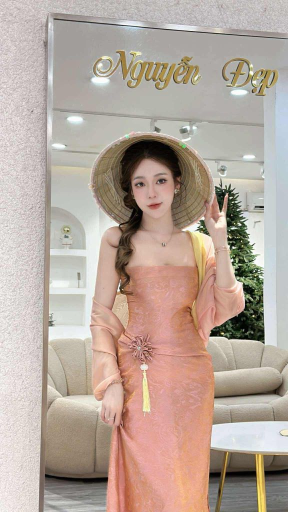 Set đầm cúp vải gấm hoạ tiết hoa phối khoác voan (K52)