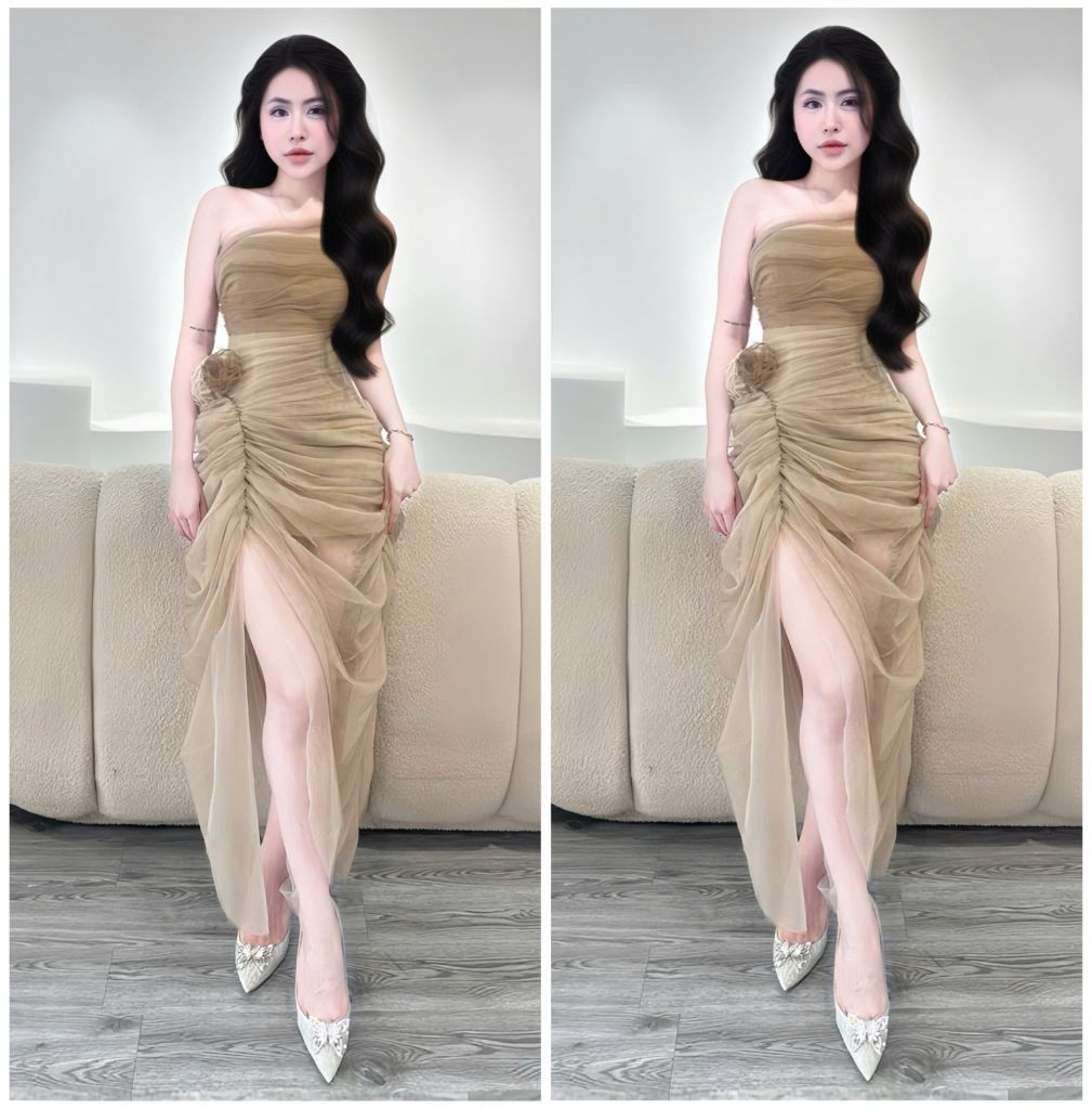 Đầm tiệc lưới dáng dài bẹt vai kèm hoa (G30)