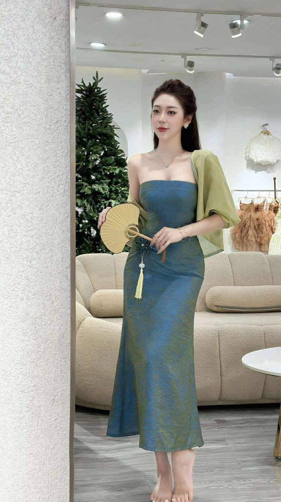 Set đầm cúp vải gấm hoạ tiết hoa phối khoác voan (K52)