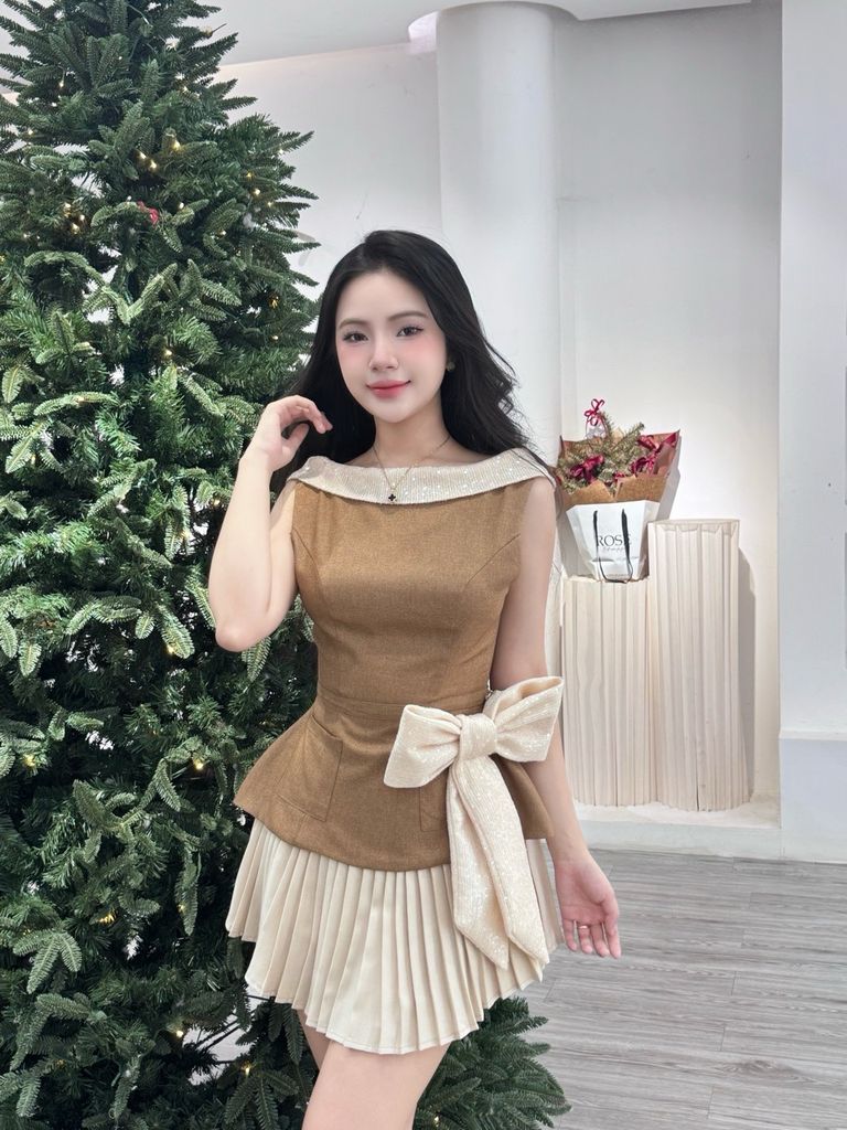 Set áo peplum sát nách cổ tròn - Nơ kim sa phối cv dập li (O17)
