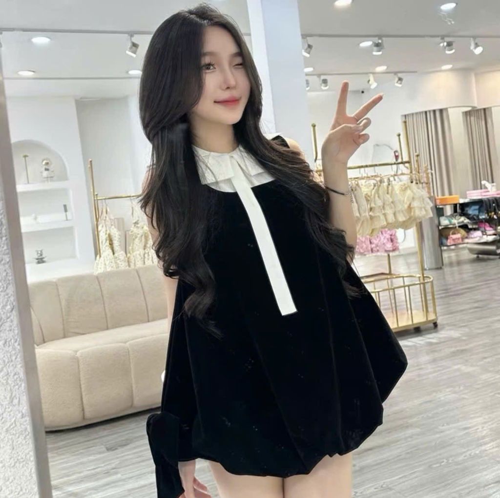 Set Yếm Bí Nhung Kèm Áo Sơ Mi Nơ Kiểu K84