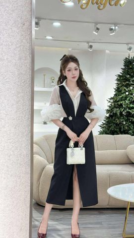 Đầm dài form ôm thanh lịch phối voan lụa tay bồng (O16)