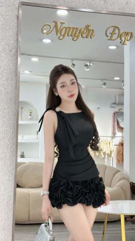 Set áo sát nách nơ vai kèm váy bèo tầng dáng ôm (K50)