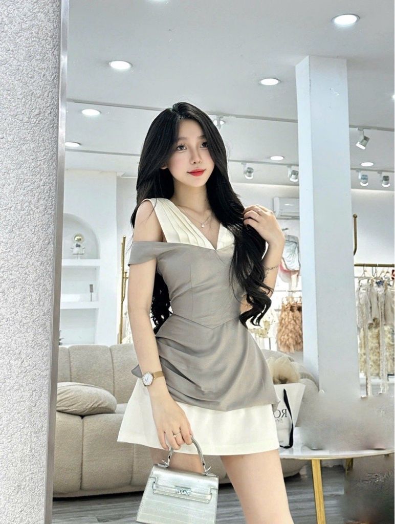 Set áo yếm bẹt vai nhún eo phối cv From A (L40)