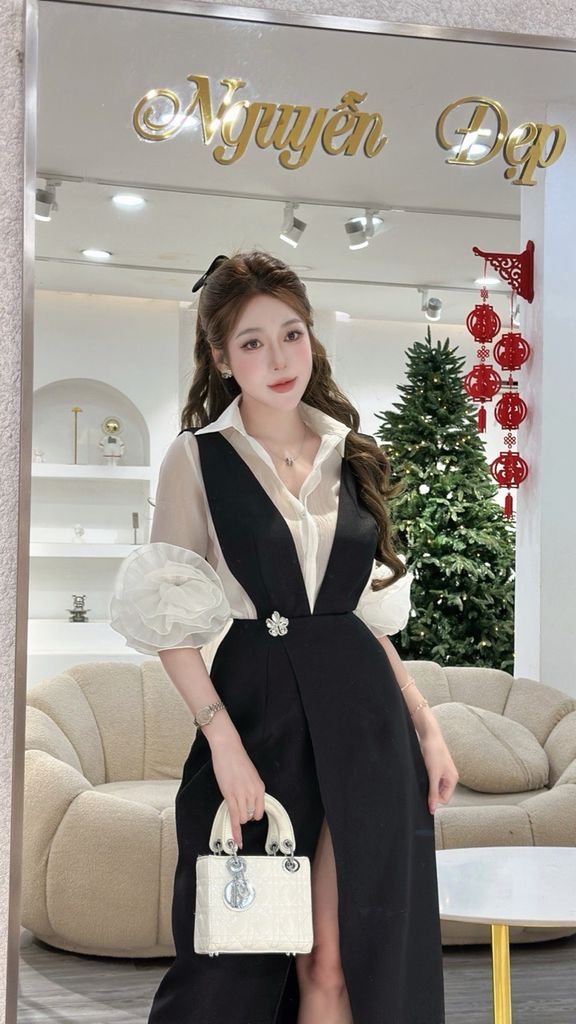 Đầm dài form ôm thanh lịch phối voan lụa tay bồng (O16)