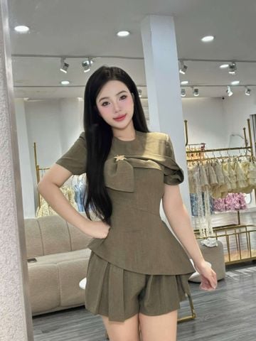 Set áo chiết eo vạt chéo phối cv xếp li (K42)