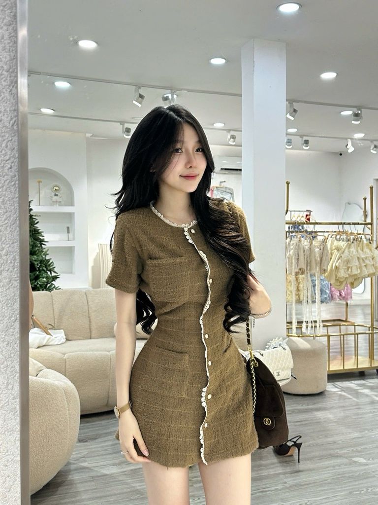 Đầm len lông thỏ nút kiểu from A (K92)