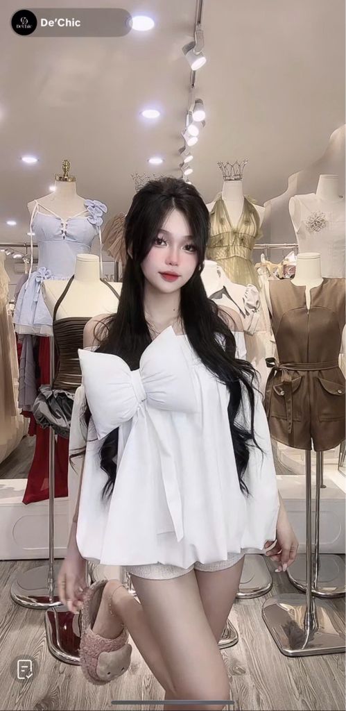 Áo babydoll bẹt vai phối nơ (H38)