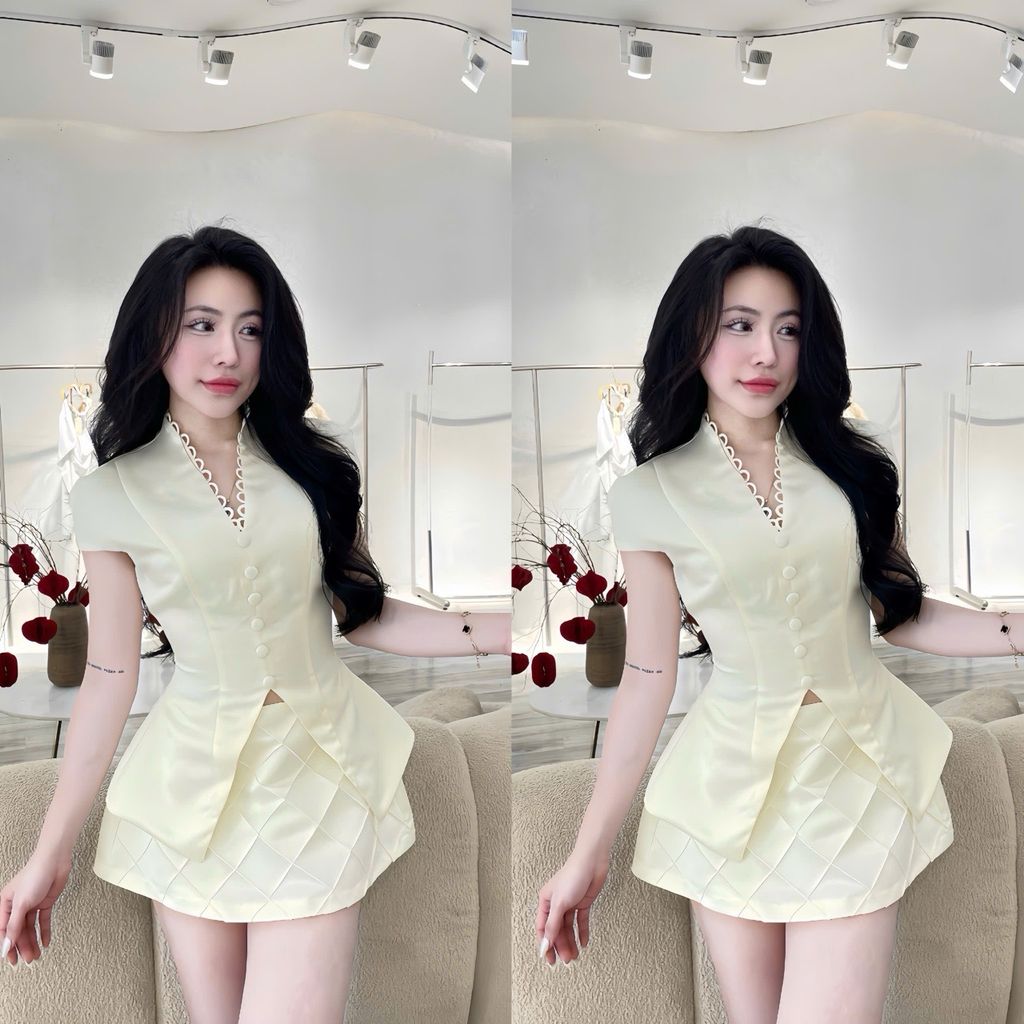 Set áo cổ V nút kiểu phối cv hoạ tiết (P38)