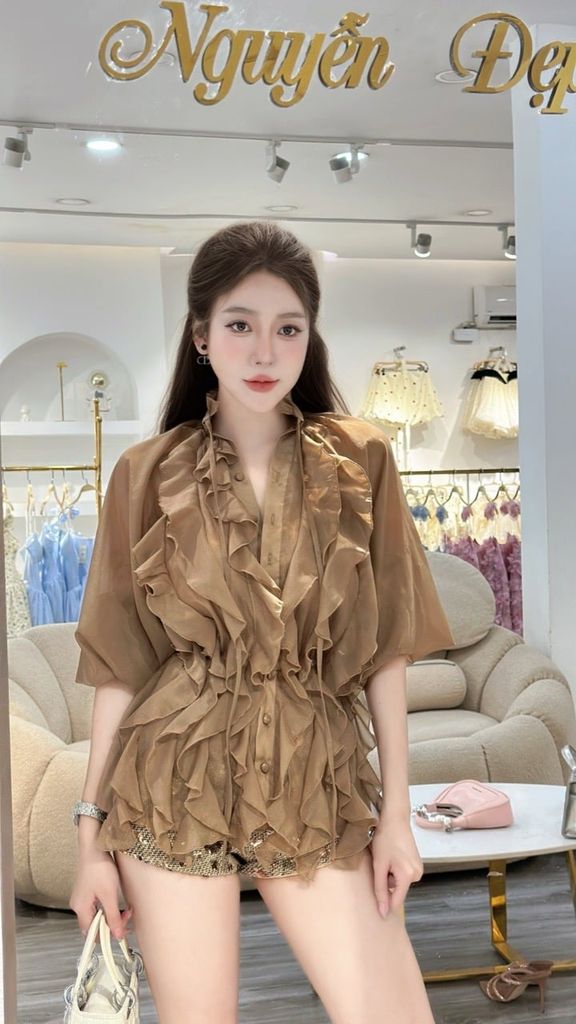 Áo sơ mi bèo nhún voan tơ cao cấp dáng ôm eo tiểu thư (J59)