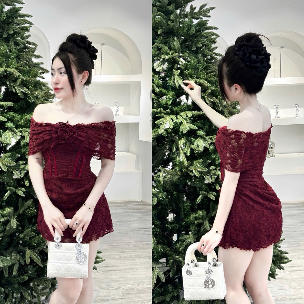 Đầm ren trễ vai đính hoa (L60)