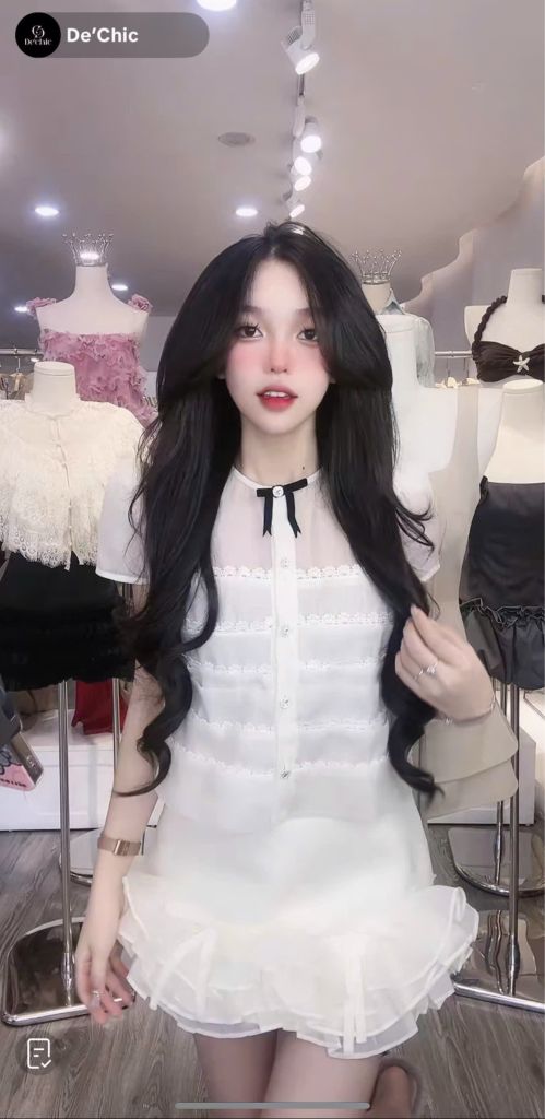 Set áo tầng ren nút kiểu phối nơ kèm cv(H75)