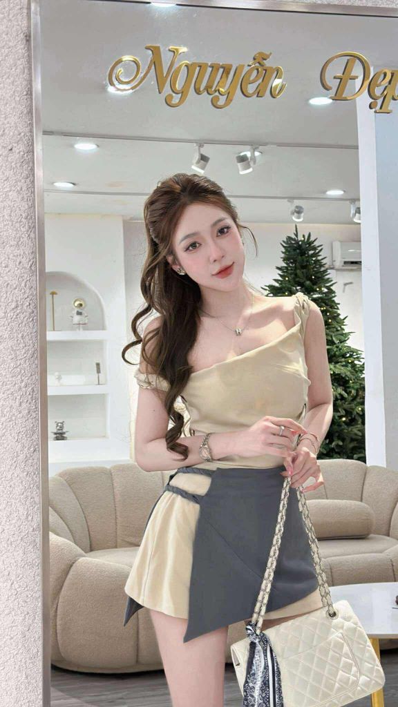 Set áo dây bính lệch vai phối cv form A (O25)