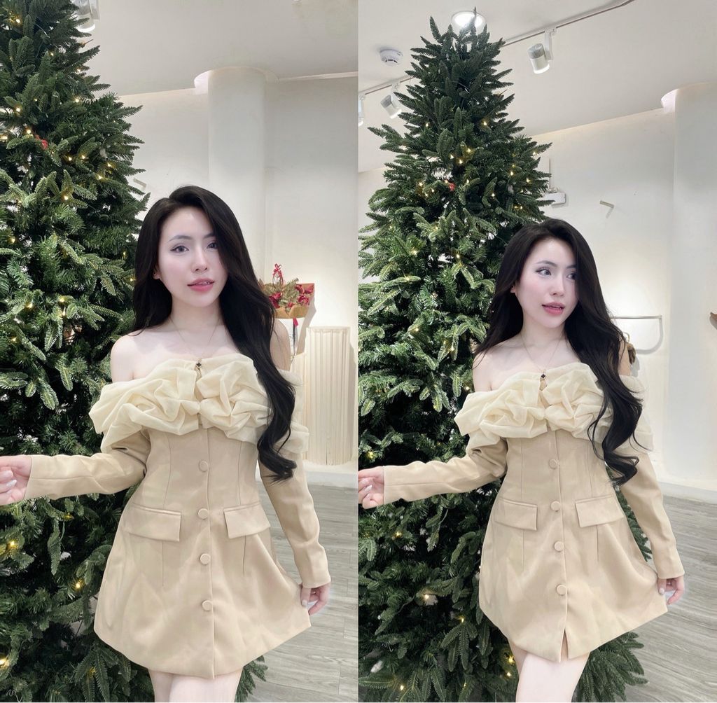 Đầm bẹt vai dài tay phối bèo nổi (K93)