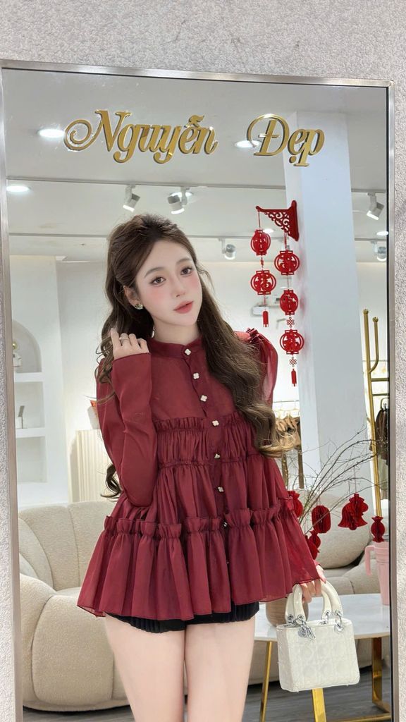 Áo babydoll tơ voan bèo tầng phối nút kiểu (L75)