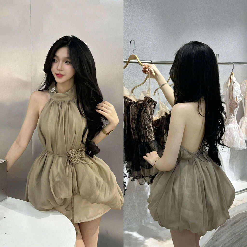 Set áo bí cổ yếm kèm dây hoa buộc eo chân váy tacta