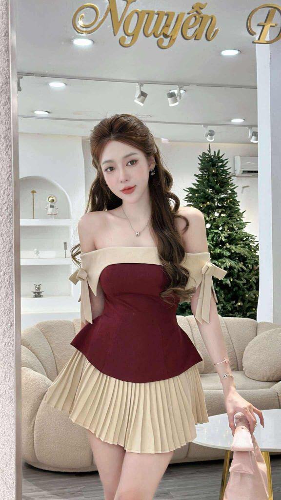 Set áo peplum bẹt vai đính nơ phối cv dập li (O01)