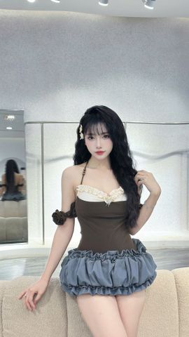 Áo dây yếm rớt vai phối bèo trắng (f53)