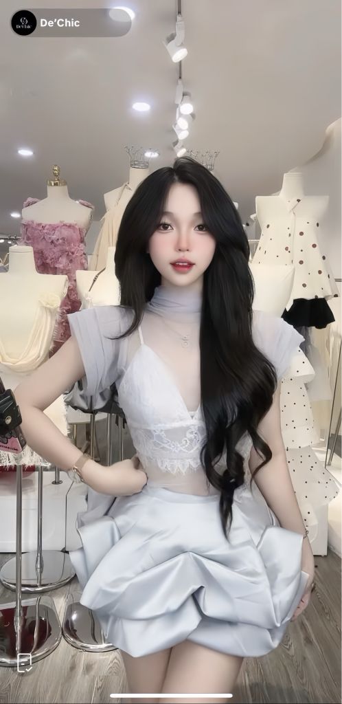 Áo voan xuyên thấu kèm bra cổ cao tay phồng (G65)