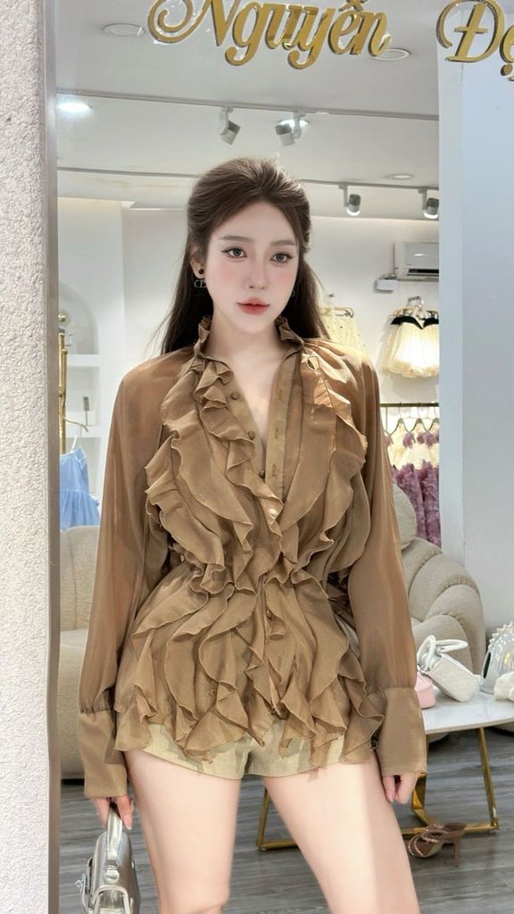 Áo sơ mi bèo nhún voan tơ cao cấp dáng ôm eo tiểu thư (J59)