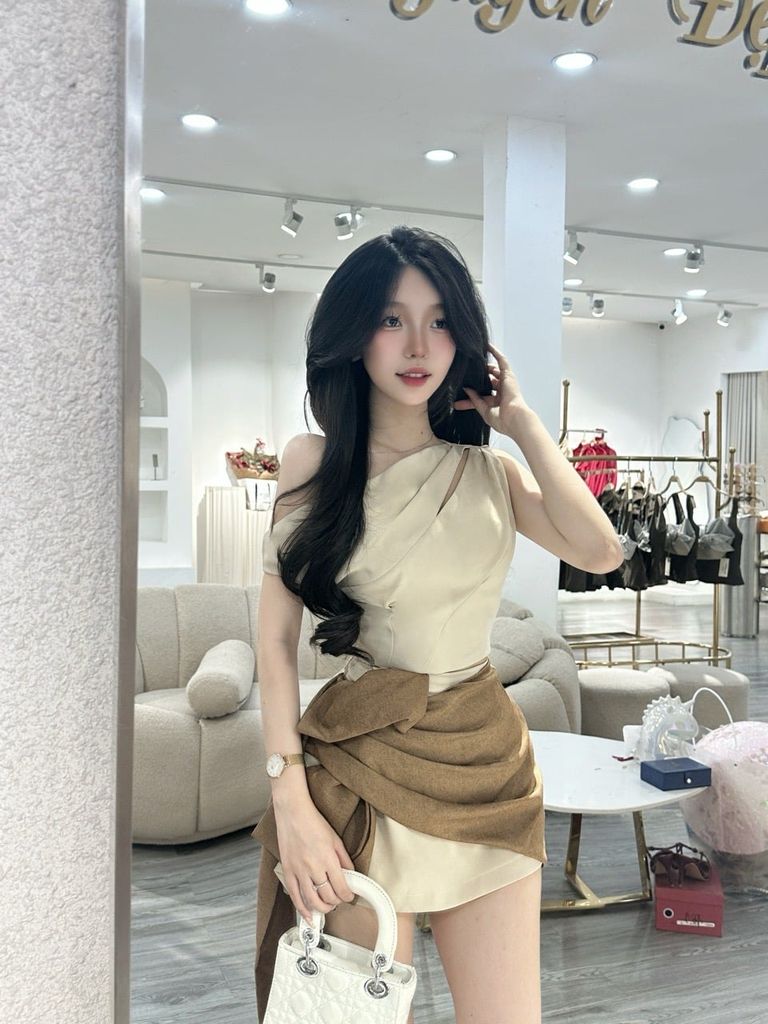 Set áo lệch vai phối cv form A tà dài (O15)