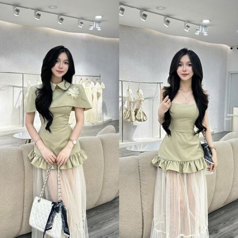 Set đầm 2s cổ vuông phối voan & choàng (K72)